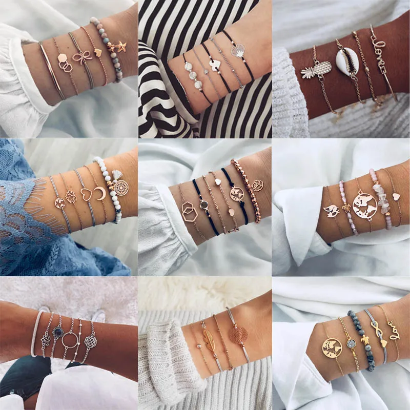 

Classic Arrow Knot Round Crystal Multilayer Adjustable Open Bracelet Set Women Fashion Party Jewelry Multiple Styles