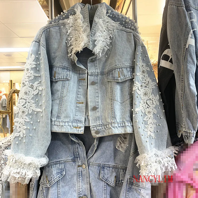 

New Girls Denim Coat Heavy Industry Beaded Gauze Lace Lotus Leaf Embroidered Diamond Short Jean Jacket Womens Loose Jeans Coats