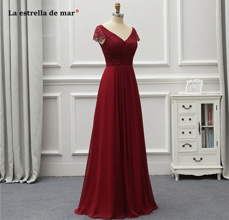 Vestido madrinha2019 новые кружевные шифоновые сексуальные с v-образным вырезом с коротким рукавом трапециевидные бордовые платья для подружки невесты длинные brautjungfernkleid