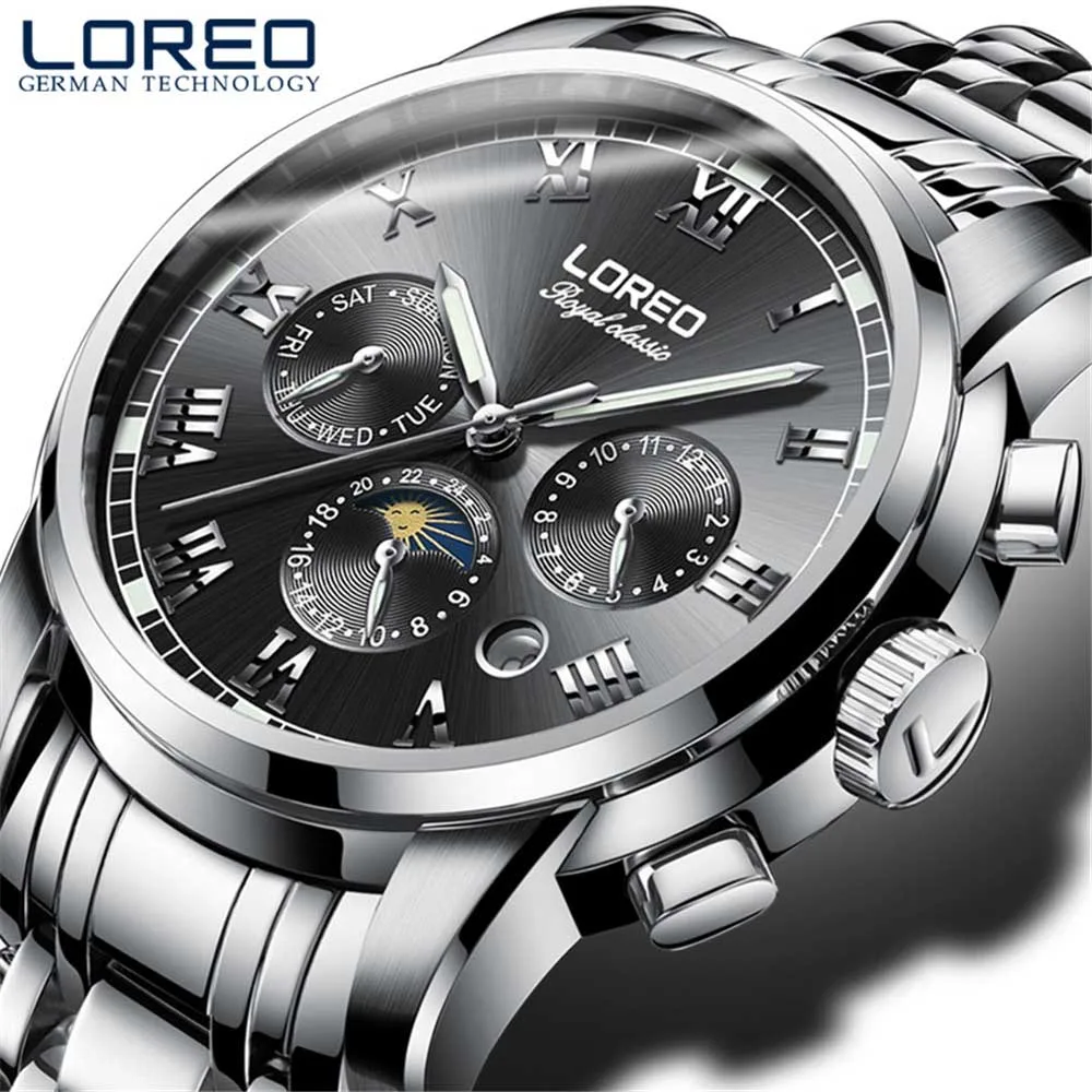 Плавать 50 м автоматические механические часы спортивные мужские LOREO лучший бренд класса люкс мужские наручные часы модные повседневные мужские s relojes hombre - Цвет: silver black
