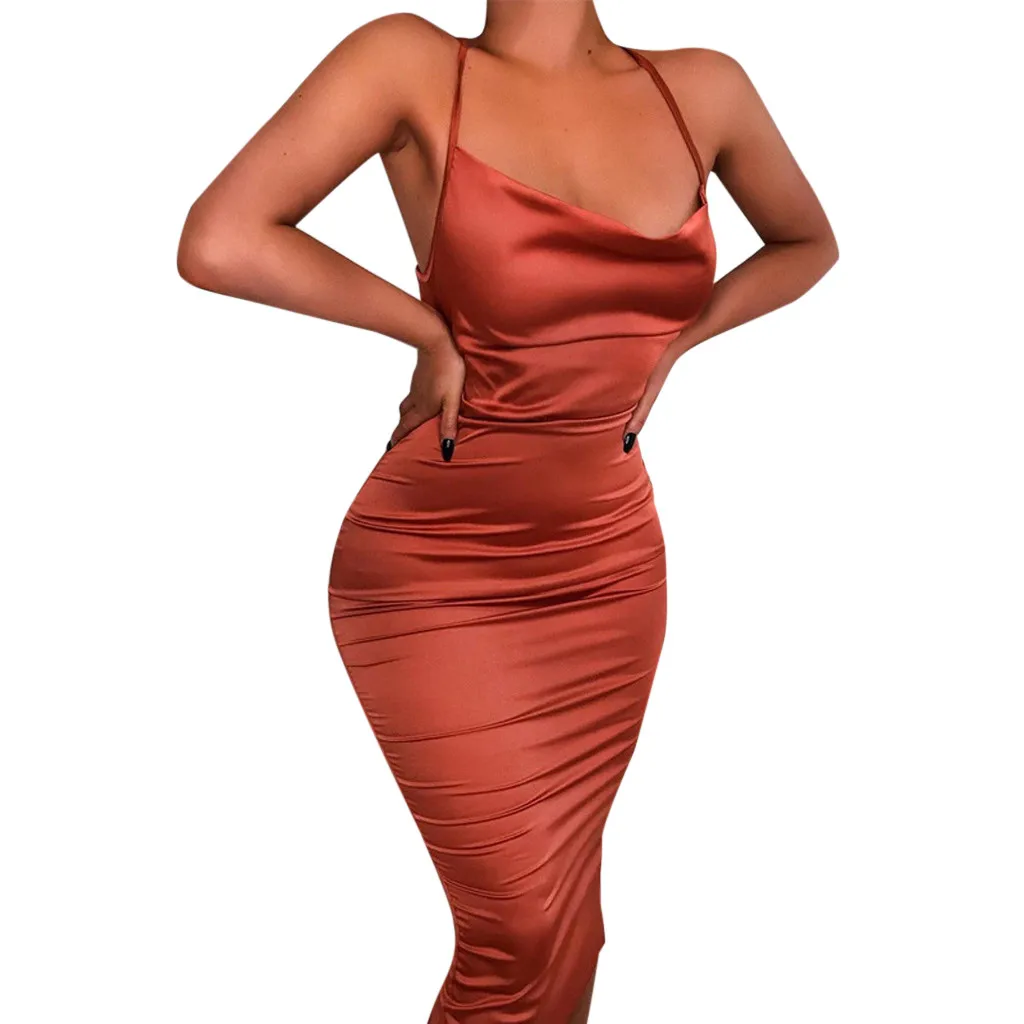 Women Pure Color Backless Tight Fitting Camisole Dress Summer Women