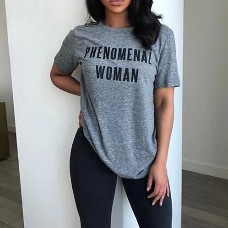 PHENOMENAL WOMAN Letter Print T-Shirt Women Funny Graphic tshirt Casual tee top Female tshirt Gray black drop ship free shipping PHENOMENAL WOMAN Letter Print T-Shirt Women Funny Graphic tshirt Casual tee top Female tshirt Gray black drop ship free shipping