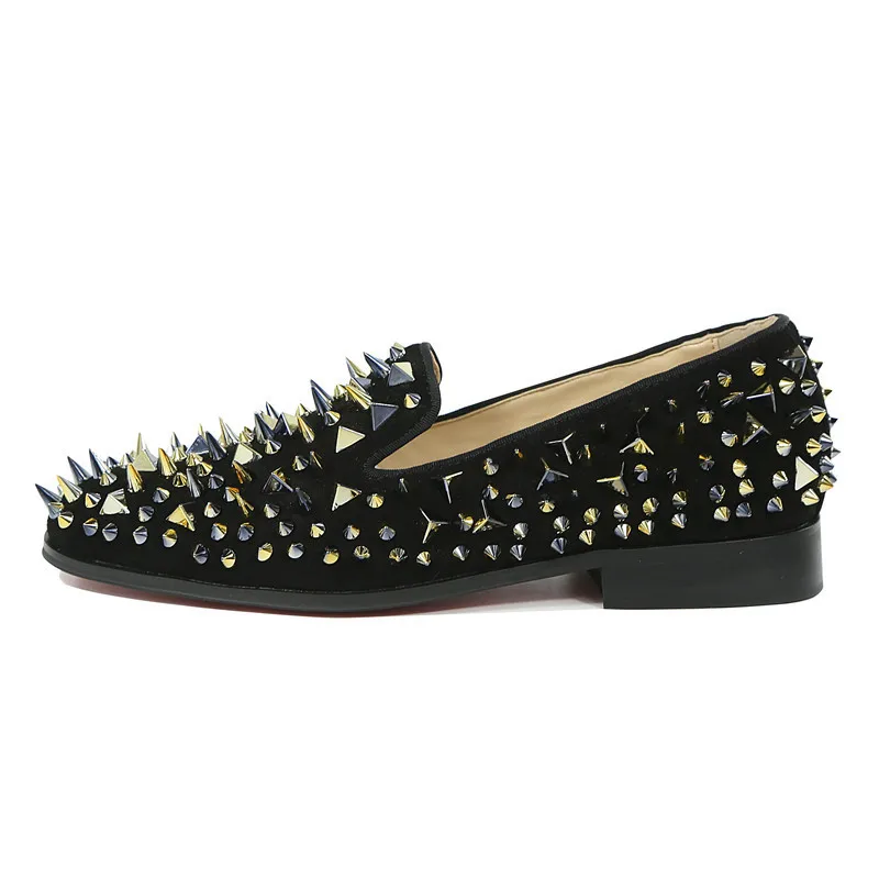 Glitter Rivet Casual Shoes Men Sequin Loafers Round Toe Slip On Flats Genuine Leather Studded Men Shoes Zapatillas Hombre