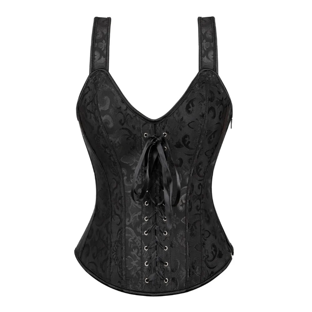 

Sexy Women Steampunk Jacquard Straps Corset Gothic Zipper Corsets Lace Up Boned Overbust Bustier Waist Cincher Body Shaper