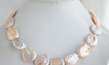 

free shipping 17inch 22mm PINK BAROQUE COIN KESHI REBORN PEARL NECKLACE