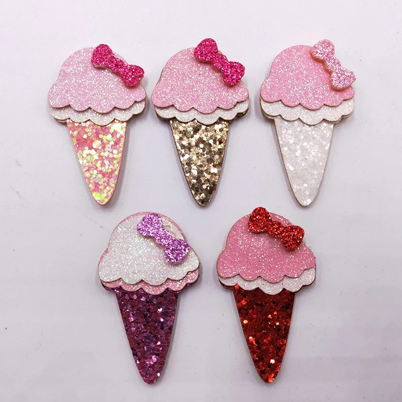 

50pcs/lot 3x5cm Glitter Fabric Appliques Cartoon Ice Cream Nonwoven Padded Patches for Wall Clothes Stickers DIY Hair Clips