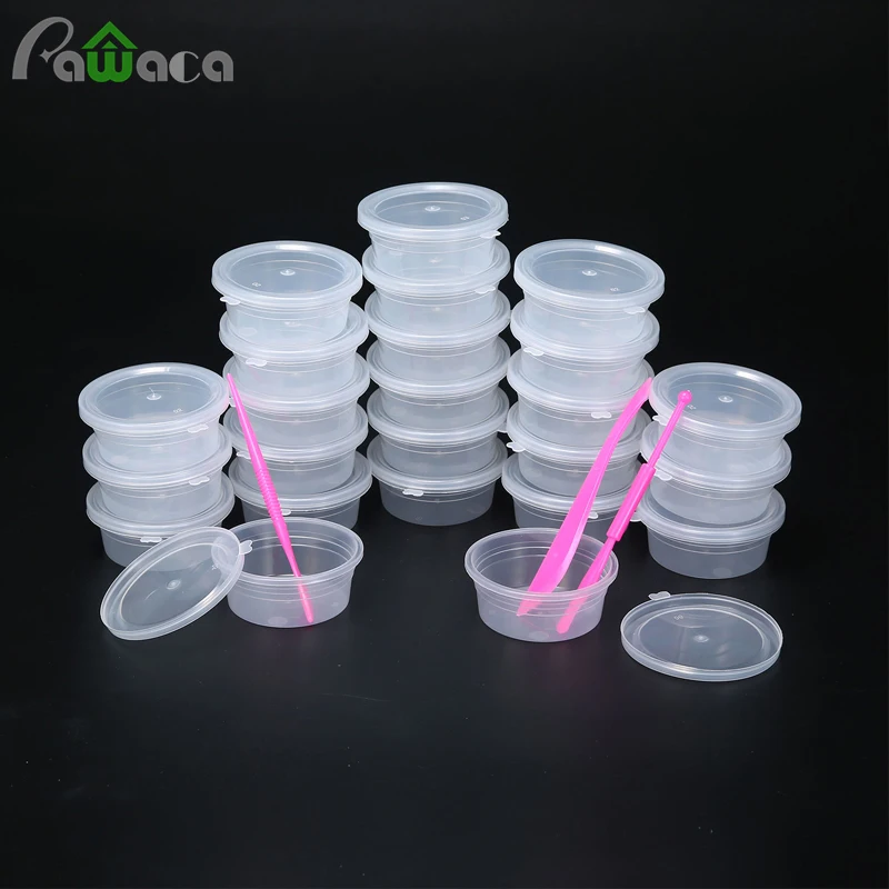 

24pcs/Lot Foam Ball Storage Containers Slime Storage with Lids Plastic Clear Storage Jars with 3pcs Mixing Spoons for 20g Slime