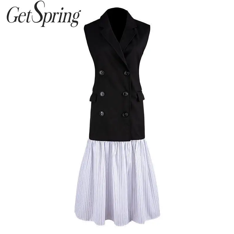 

GetSpring Women Dress Striped Patchwork Sleeveless Waistcoat Dresses Double Breasted Elegant Long Dresses Long Vintage Dress New
