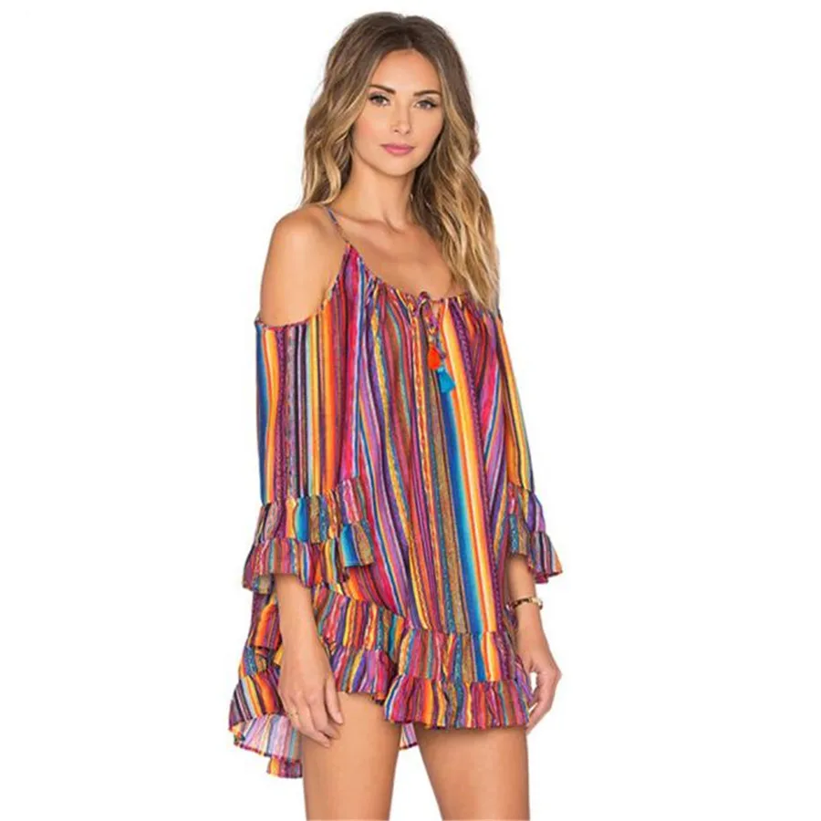5606 Women's Summer Rainbow Print Fringed Beach Dress Loose Chiffon