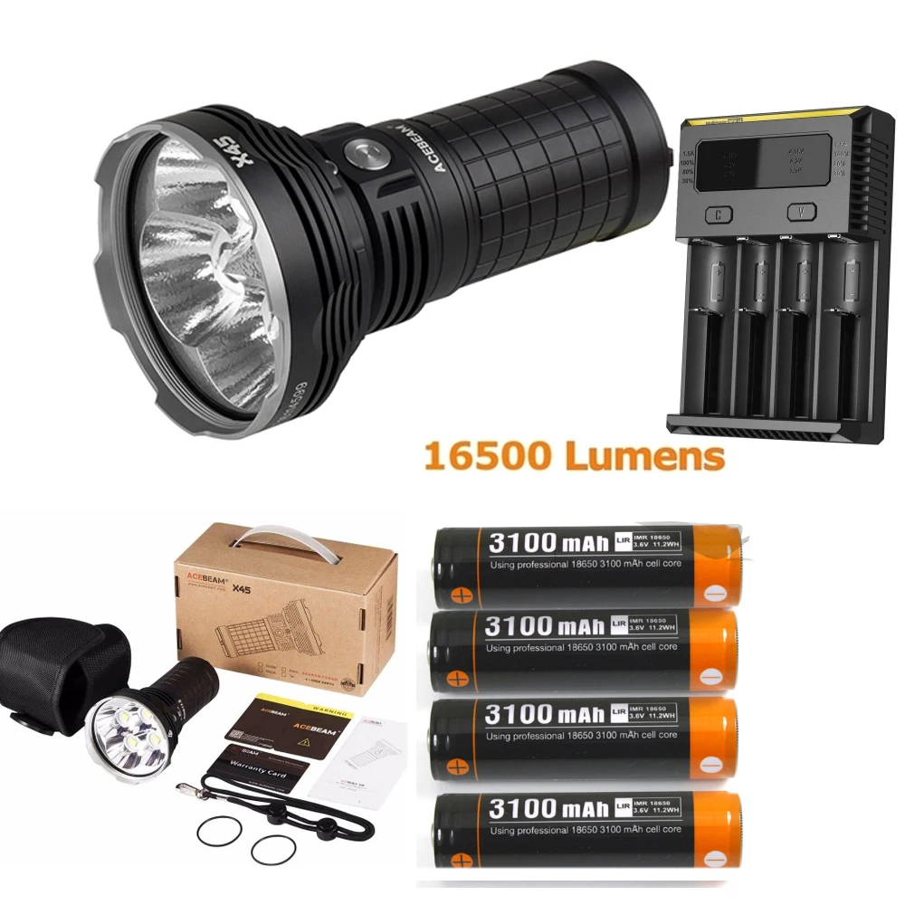 

LED Flashlight Acebeam X45 max. 16500lm 4pcs* CREE XHP70 LED beam throw 583 meters search torch + 4*18650 batteries i4 charger