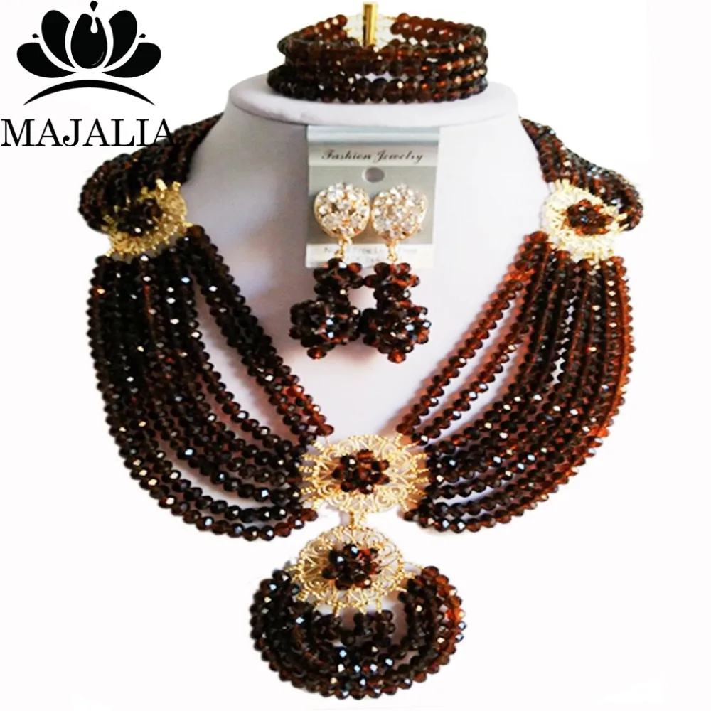 

2017 Fashion Nigeria Wedding african beads jewelry set Brown Crystal necklace Bridal Jewelry set Free shipping P-3176
