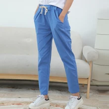 XXL Más Tamaño Harén Pantalones casuales de algodón de lino pantalones sueltos para las mujeres de gran tamaño negro azul blanco altura del tobillo pantalones mujer