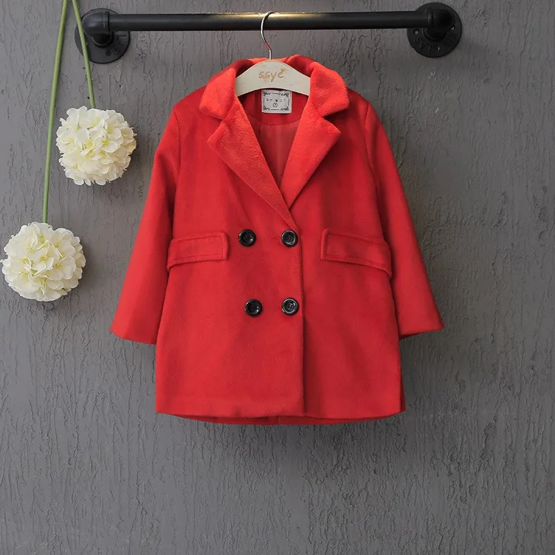 В году осенне-зимние шерстяные пальто для девочек высокое качество с длинным рукавом красный двойно й брестед мода англия стиль девушки и пиджаки 2 до 8 лет