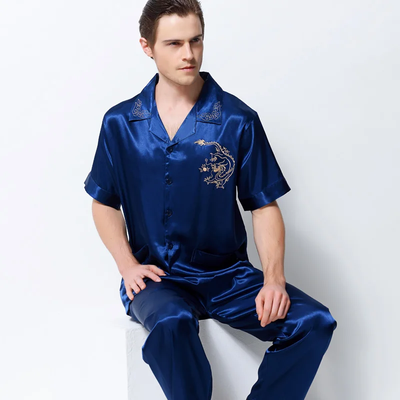 Xfn брендовые пикантные шелковые мужские пижамы Лето 2017 с короткими рукавами Пижамные брюки модные комплекты синий вышивка Пижама комплект