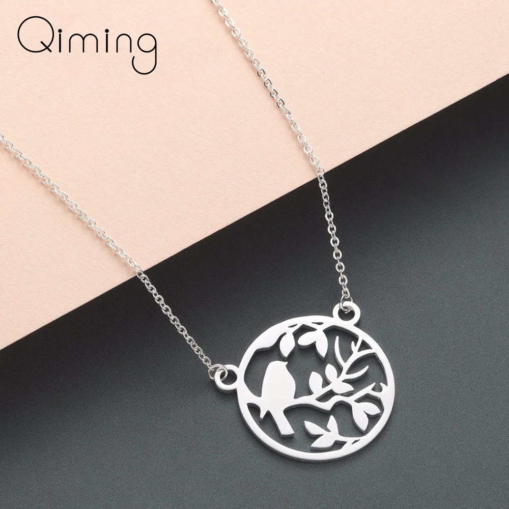 

Retro Ethnic Bird Necklace Round Branch Leave Stainless Steel Jewelry Gold Silver Cute Animal Pendant Necklace Gift