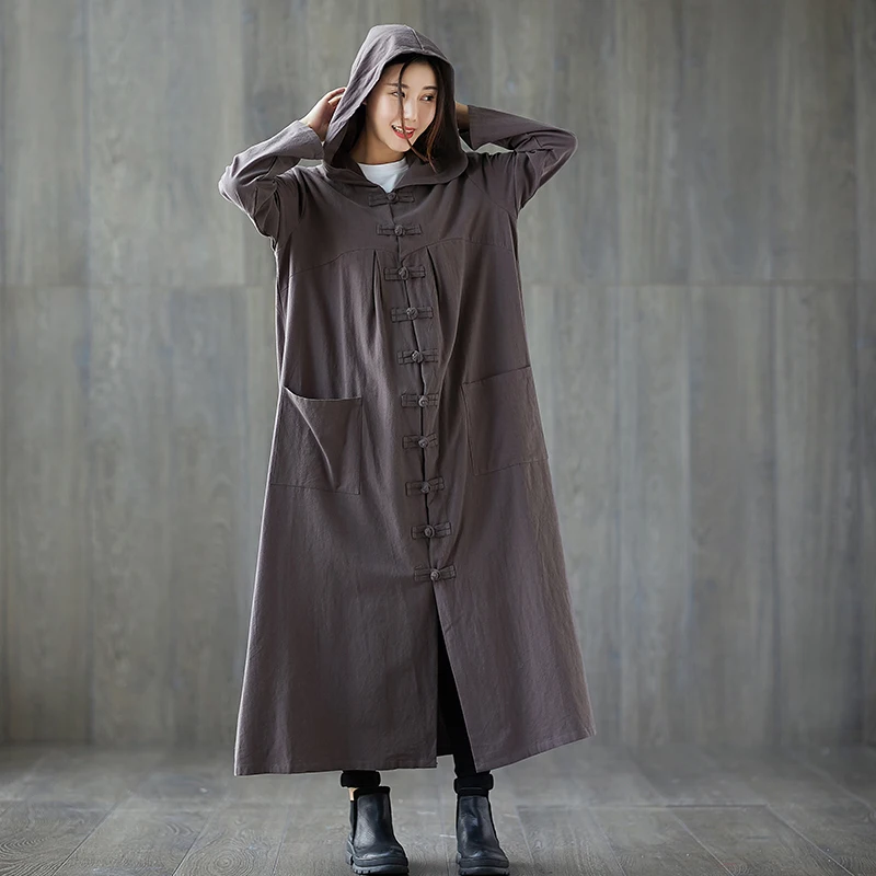 

Muslim women long cotton linen long robe trench with a hood vintage witch style solid color hooded loose coat jn519
