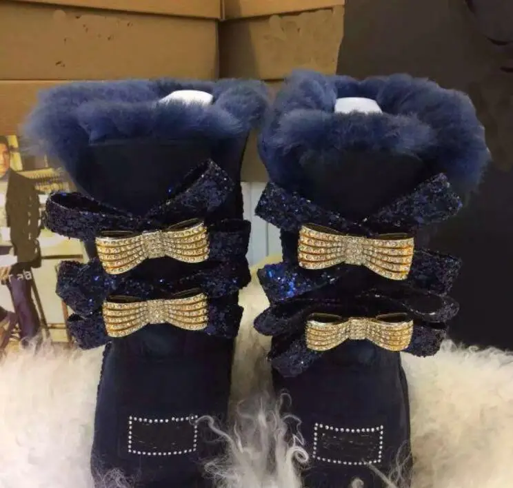 

Australia 100% real cow leather waterproof bow warm 2018 winter warm women snow boots diamond double bow in tube boots