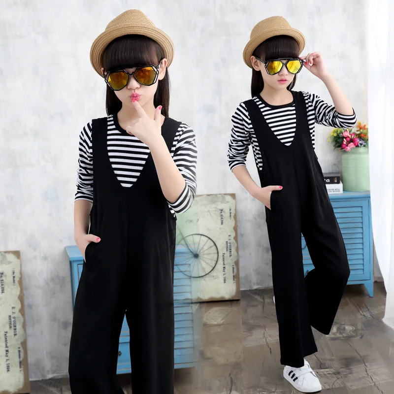 

Girls Clothing Set Autumn 2018 Cotton Kids Girls Striped T-shirt Top & Black Jumpsuit Rompers Kids Clothes Wide Leg Pants Sets