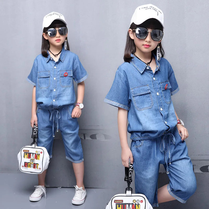 

Girls Denim Clothes Suit Summer Costume For Girls Embroidery Teenage Kids Clothing 6 8 12 Years Casual Sleeveless Girl Clothing