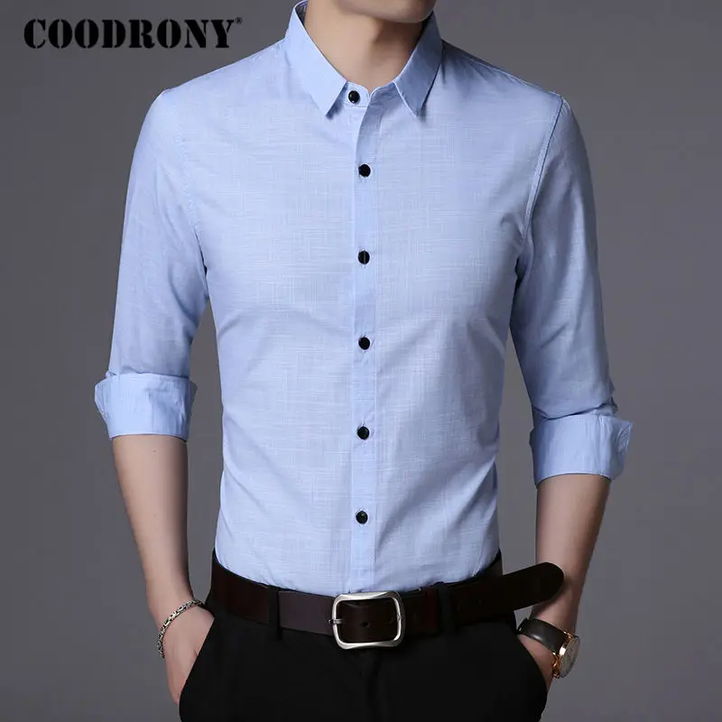 COODRONY, хлопковая рубашка, Мужская одежда, осень, длинный рукав, Camisa Social Masculina, мужские рубашки, повседневная, приталенная, Chemise Homme 8719 - Цвет: Небесно-голубой