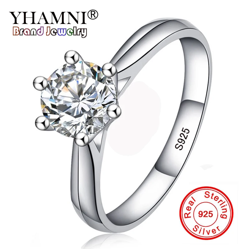 YHAMNNI Fine Jewelry 100% Natural 925 Silver Rings White 6mm Solitaire Zircon Stone Engagement Wedding Rings For Women R1263
