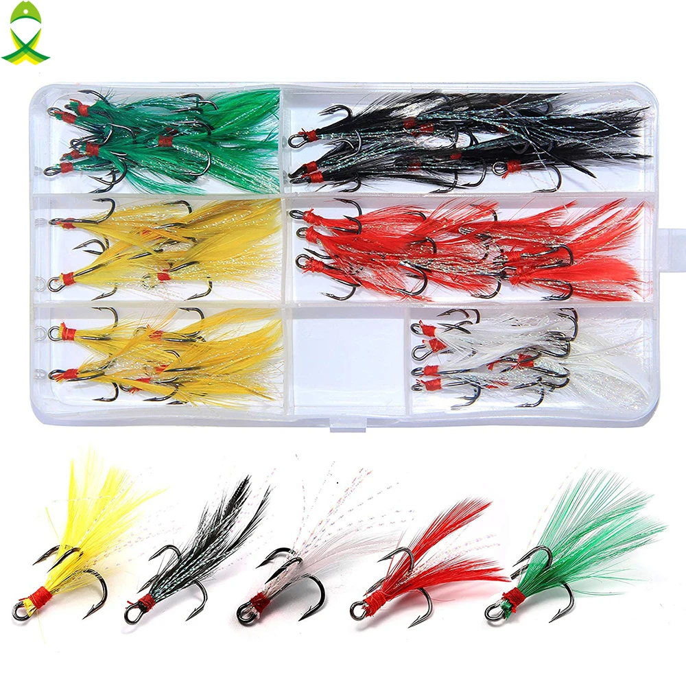 

JSM 50pcs/box Fishing Treble Hook lures with Feather jigging flash Fishing hook Baits for lure accessories