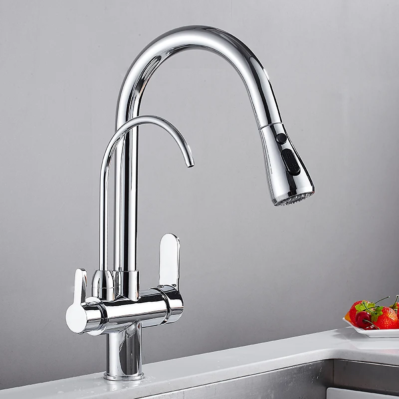  Deck Mounted Black Kitchen Faucets Pull Out Hot Cold Water Filter Tap for Kitchen Three Ways Sink M - 32992383959