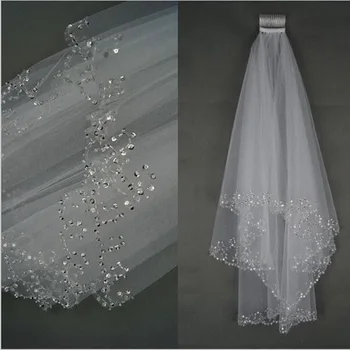 

White Ivory Woman Bridal Wedding Veils 2 Layers 75 CM Handmade Beaded Edge Comb Wedding Accessories veil elbow