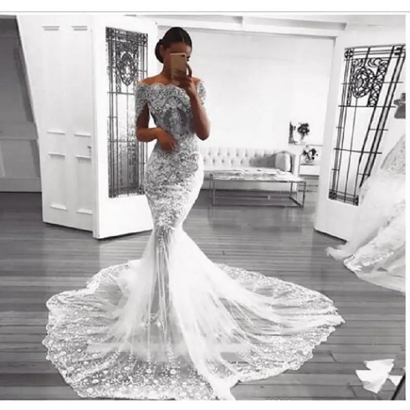 

Vintage Mermaid Lace Wedding Dresses 2019 robe de mariee Sweep Train Half Sleeve Handmade Bridal Gowns Custom gelinlik