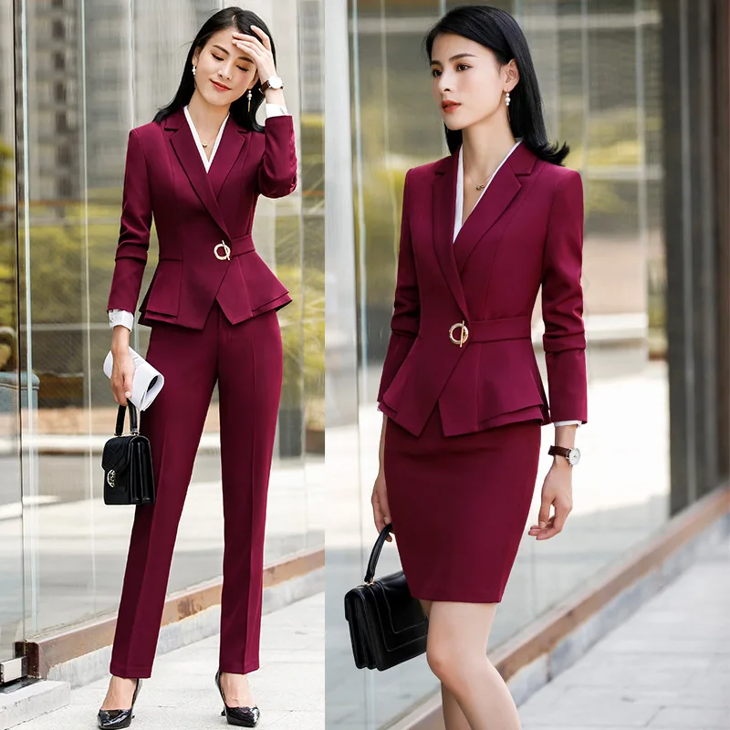 

Ladies Office Uniform Designs Business Suits With Skirt and Tops 4PCS Autumn Winter Fashion Wine Formal Work Wear Sets Blazer