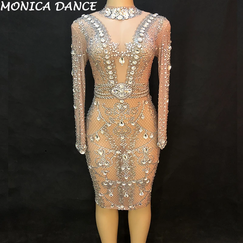 

Women Sexy Stage Net Yarn Dress Big Glass Sparkling Crystal Nightclub Party Dancer Singer Stage Wear Performance Dance Costumes