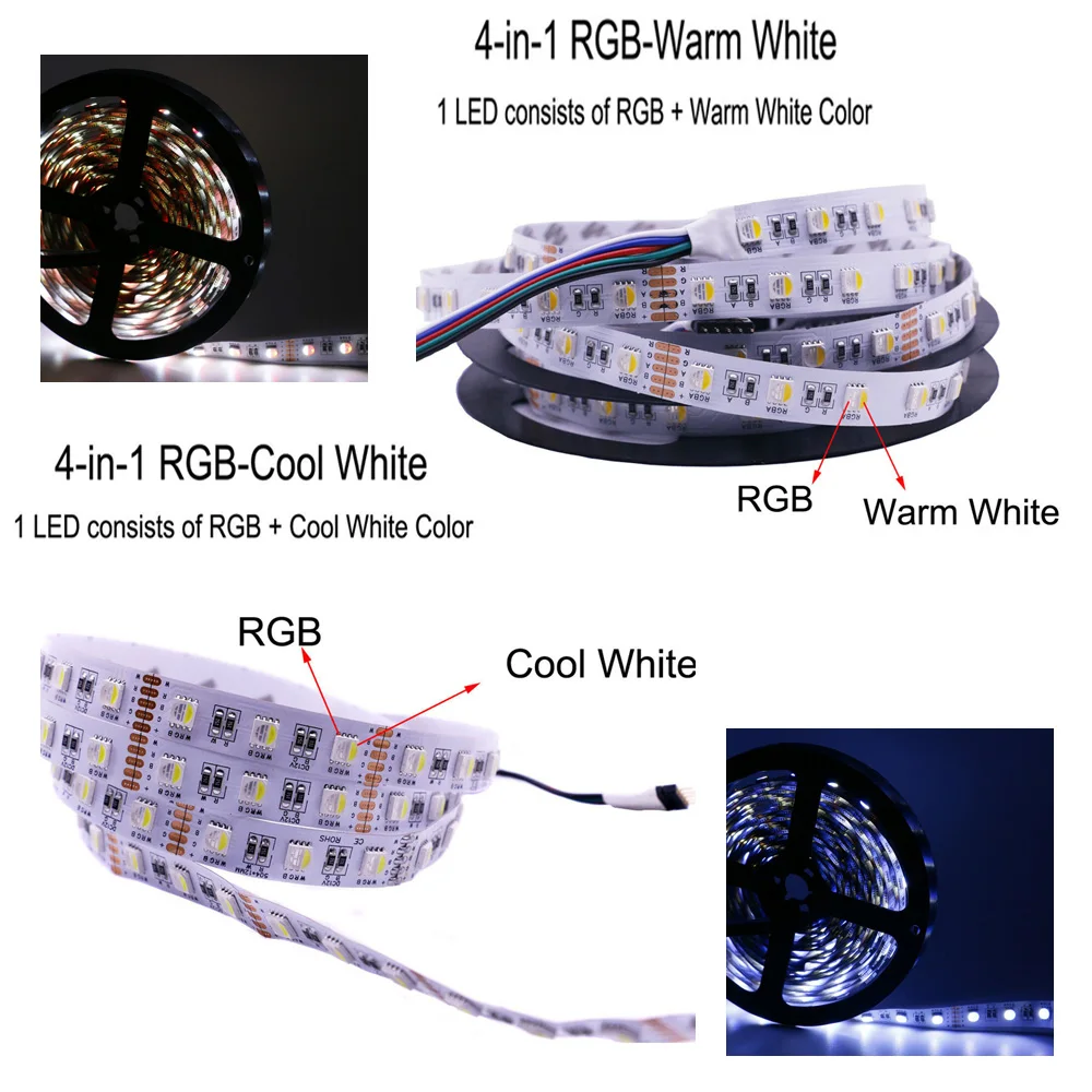 

4 In 1 RGB LED Strip Light 5M 300LEDs Flexible Light for LED TV Kitchen Ambilight Waterproof RGBW Add Remote Control and Power