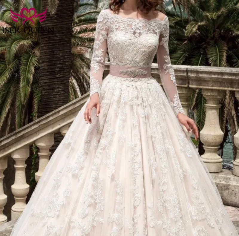 Богемное бальное платье с вырезом лодочкой и длинным рукавом, свадебные платья, вышитые аппликации с кристаллами, свадебное платье размера плюс W0038 - Цвет: Шампанское