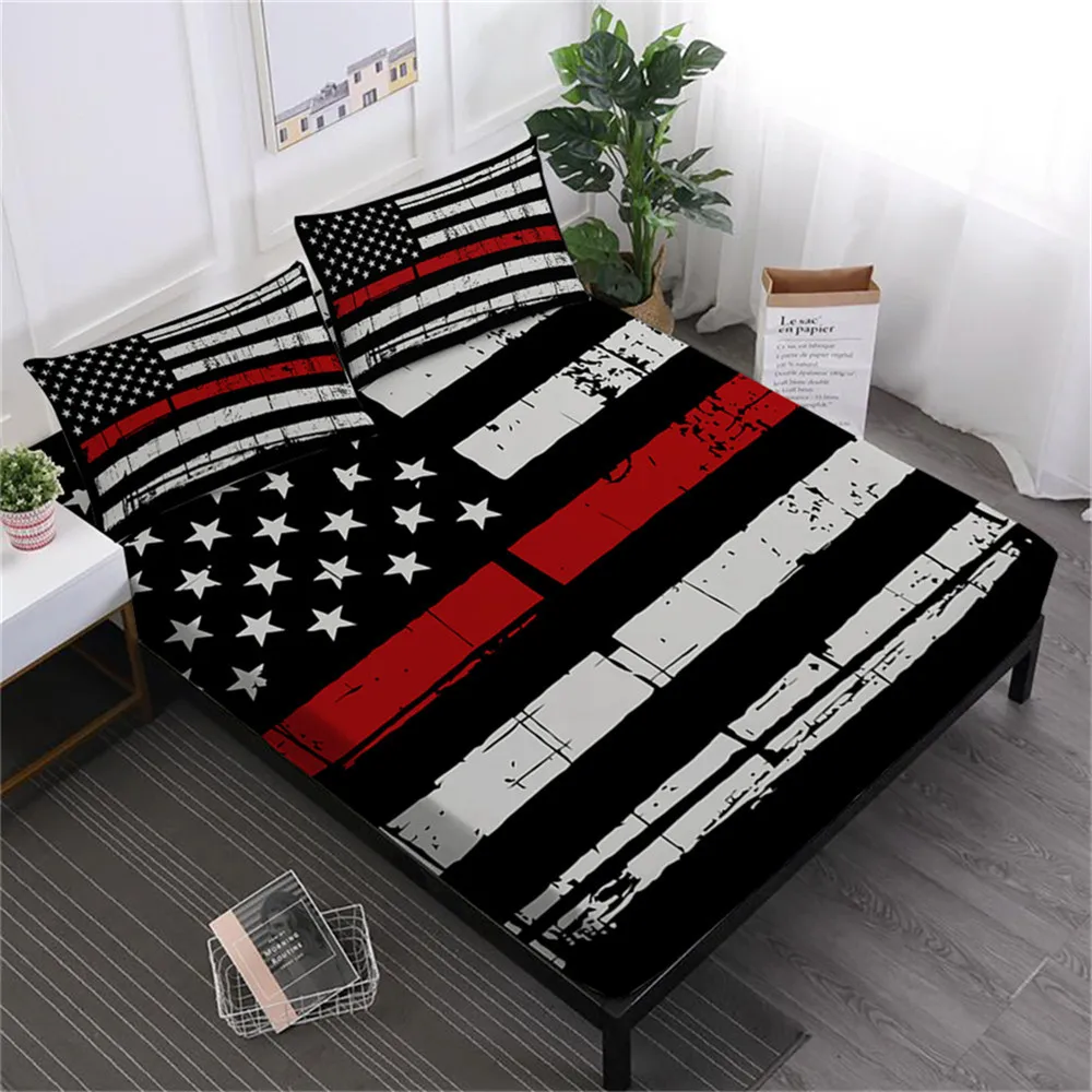 3/4Pcs Black Blue Red American Flag Sheet Set King Queen Bed Linens