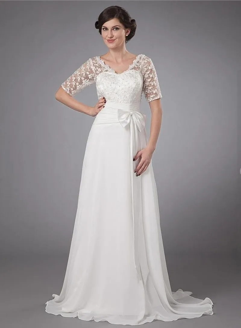 Romantic Vintage Sheath Wedding Dresses Short Train Chiffon Hollow
