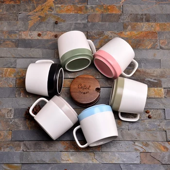 

350ML Brief More Style Frosted Ceramic Double Color Mugs with Wooden Cover Spoon Kit Drinkware Cafe Latte Coffee Cup Party Gift