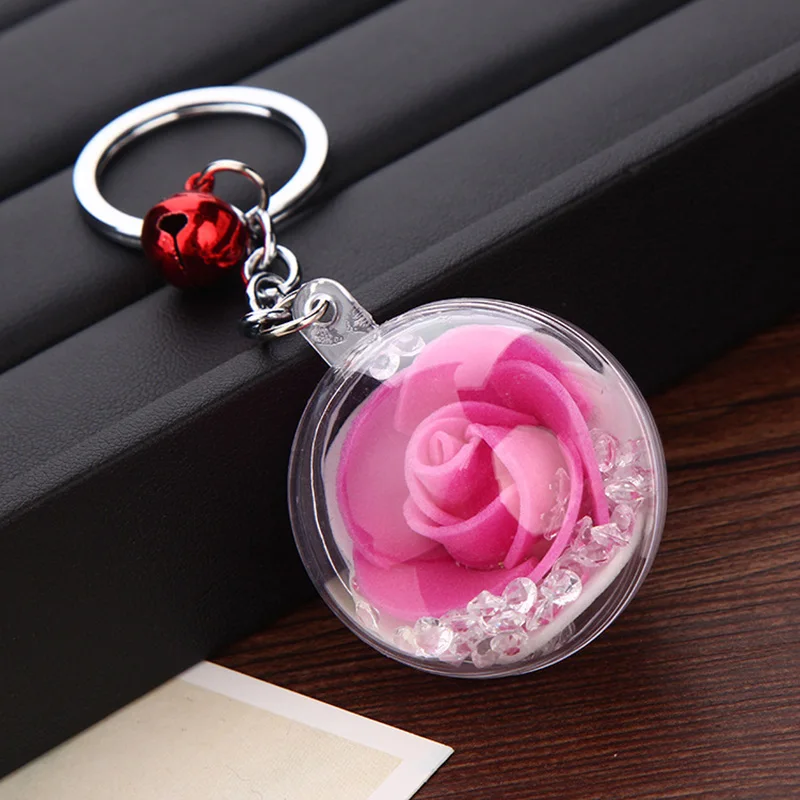 

Fashion Rose Flower Keychain Clear Ball Trinket Metal bell Car Key chain Girl Gift Women Bag Charm Key ring Keys Pendant B34