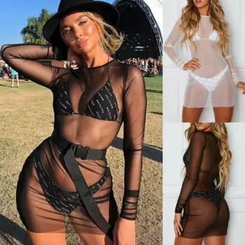

Fashion Women's Sexy Long Sleeve Solid Mesh Sheer Bustier Slim O-neck Dress Lady Summer See-through Cover-up Beach Dress S-XL