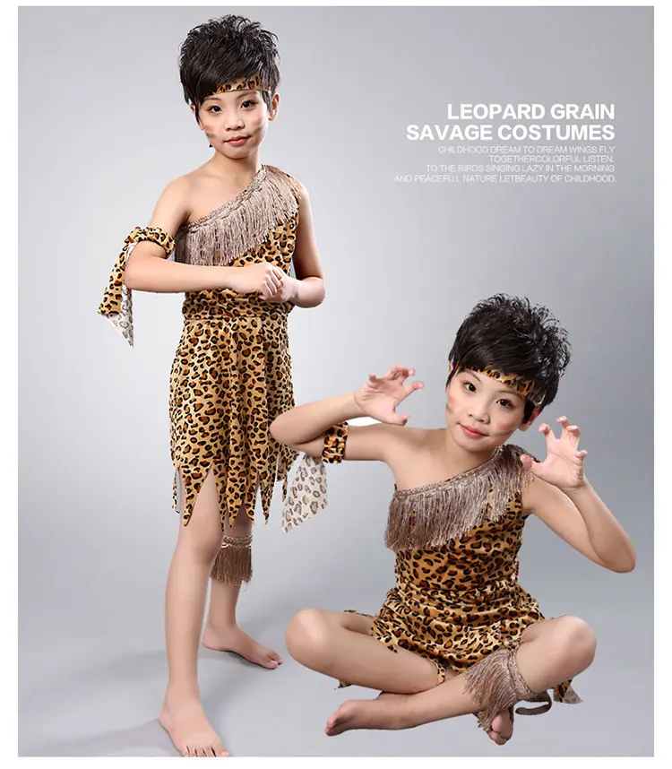 Children Savage Caveman Costumes Boy Leopard African Tribal Hunter Clothing for Girl Performance Costumes Cosplay Dress