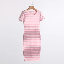 Summer Women Dress Casual Slim Sheath Dresses Round Neck Striped Dress Short Sleeve Bodycon Dresses LJ4862R