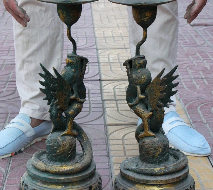 

17" Chinese Dynasty Bronze Gilt Fly Dragon Statue Candlestick Candle Holder Pair