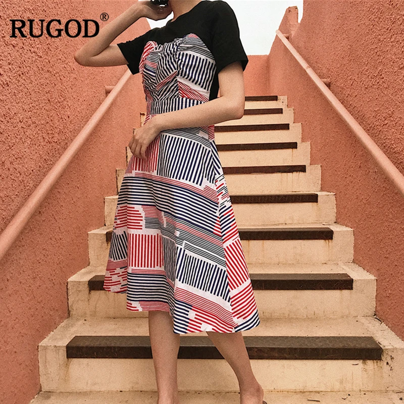 RUGOD/модное корейское поддельное платье из 2 предметов полоски контрастного цвета
