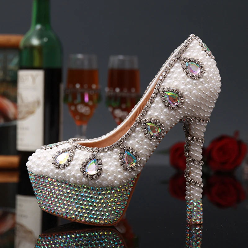 

2016 New Arrival Real Basic Thin Heels Zapatos Mujer Tacon Women Pumps Colorful Pearl Diamond Wedding Shoes High With Round