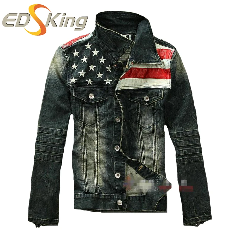New American Flag Jeans Jacket Men Motorcycle Jeans Denim Camouflage