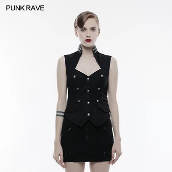 

PUNK RAVE Women Vintage Military Uniform Blouse Steampunk Gothic Striped Woven Sleeveless Vest Party Formal Tops Shirt