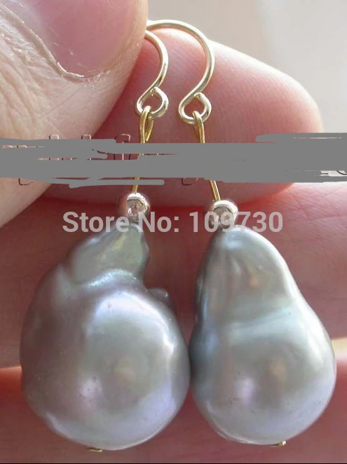 

ry00267 genuine Natural 12.5x18mm gray Reborn Keshi Pearl Earrings 14k