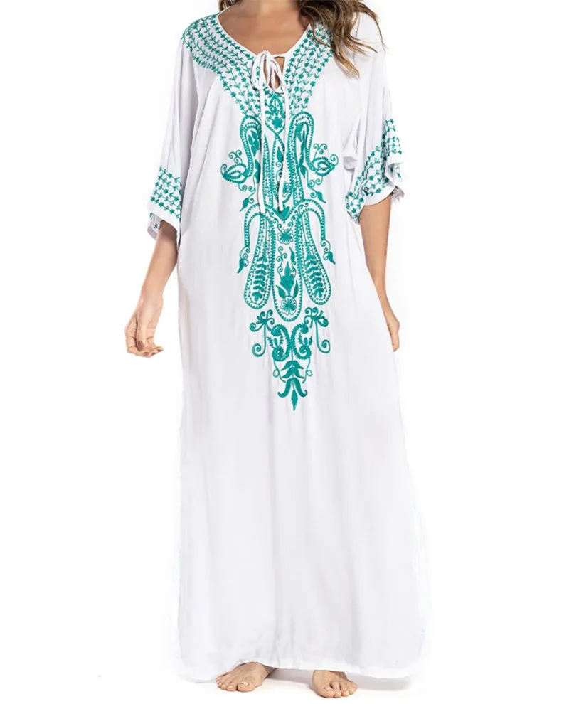 Индийское народное вышитое летнее платье с коротким рукавом, хлопковая туника, пляжный кафтан, женский пляжный купальник, накидка, халат de plage