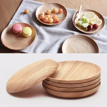 

JXLCLYL 12/14cm Round Wooden Plate Food Snack Serving Breakfast Tray Salad Bowl Platter
