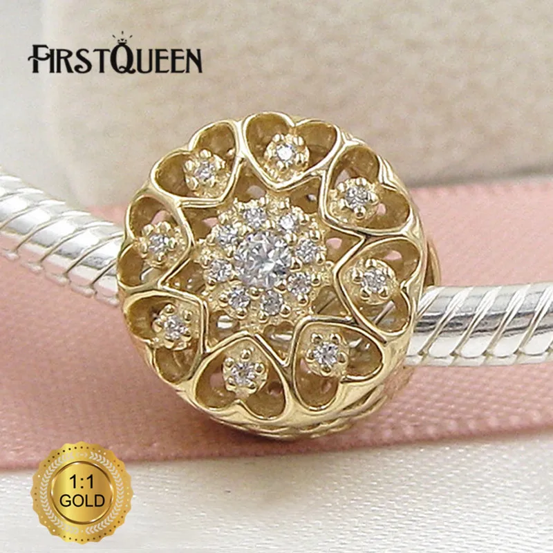 

FirstQueen 14k Gold Heart Round Charm Bead Fit Original European Bracelet Authentic Fine Jewelry