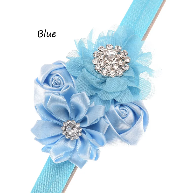 1 шт. двойные розы бутоны шифон цветы эластичная повязка Стразы бутик цветочный ободок для волос подарок на крестины аксессуары для волос - Цвет: Blue